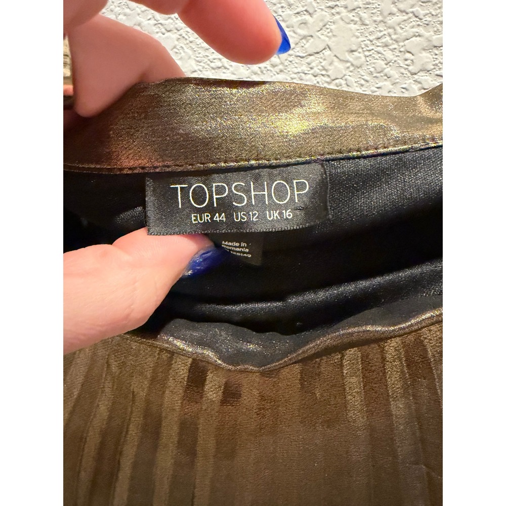 TOPSHOP Metallic Pleated Midi Skirt Gold Women's Size 12 - Picture 3 of 3